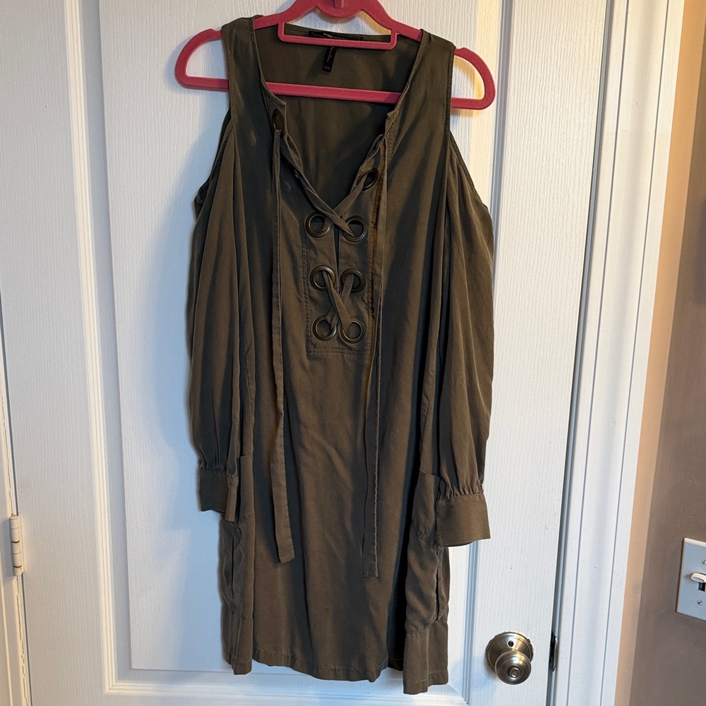 BCBGMaxAzria Olive Cold-Shoulder Lace-Up Long Sleeve Dress